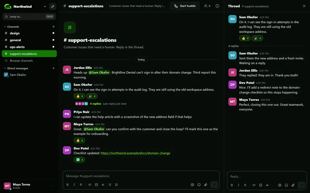 The CM Chat app showing the support-escalations channel with a thread open on the right