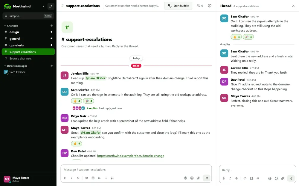 The CM Chat app showing the support-escalations channel with a thread open on the right